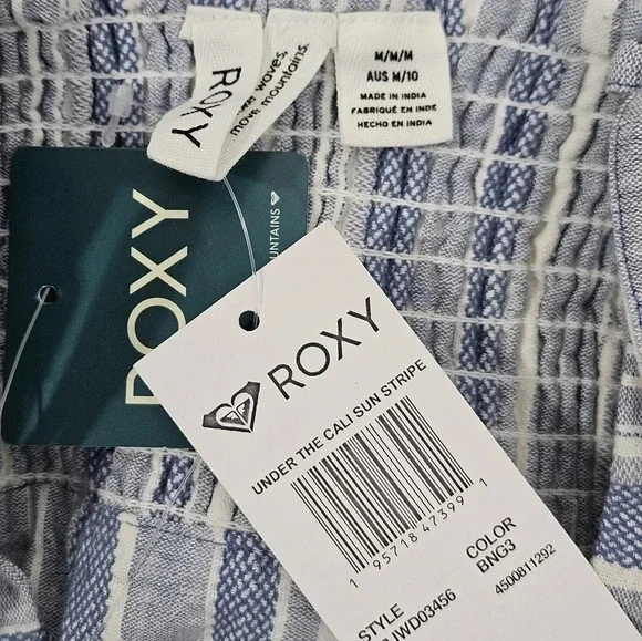 Roxy Blue White Stripe Tie Front Button Front Mini Dress Pockets Size M NWT‎